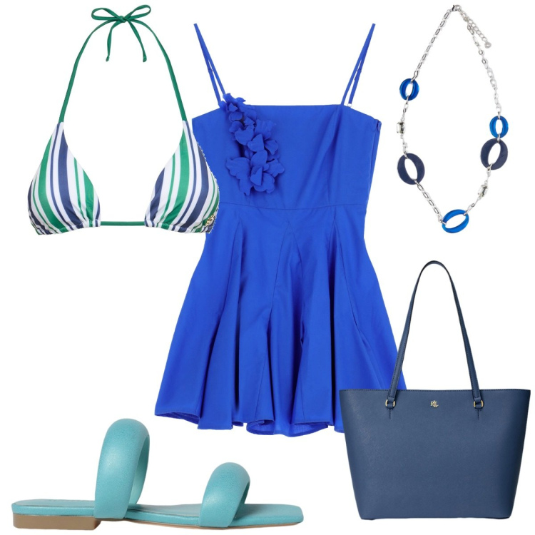 Outfit donna - Total look #1923699. Stile Trendy per Mare. Abbinamento con vestiti corti, borse tote, sandali in pelle, ciondoli, bikini.