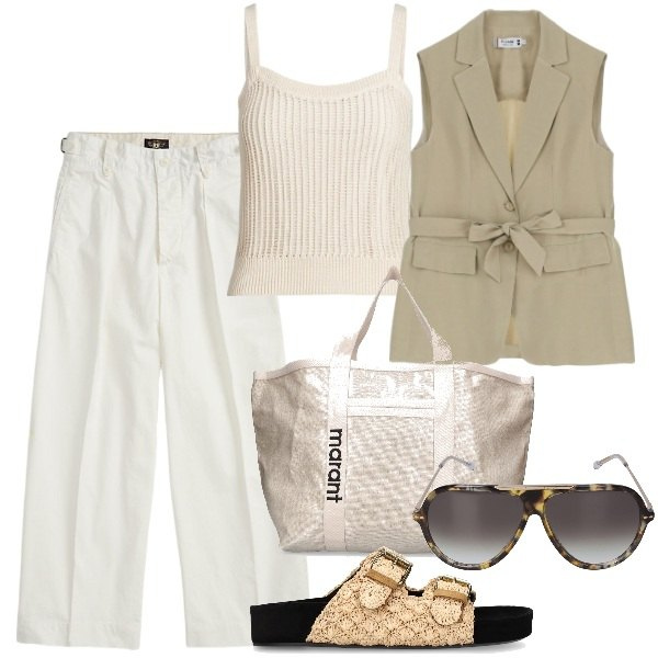 Outfit donna - Total look #1923701. Stile Trendy per Tutti i giorni. Abbinamento con gilet, pantaloni, canottiere, ballerine, occhiali da sole, shopping bag.