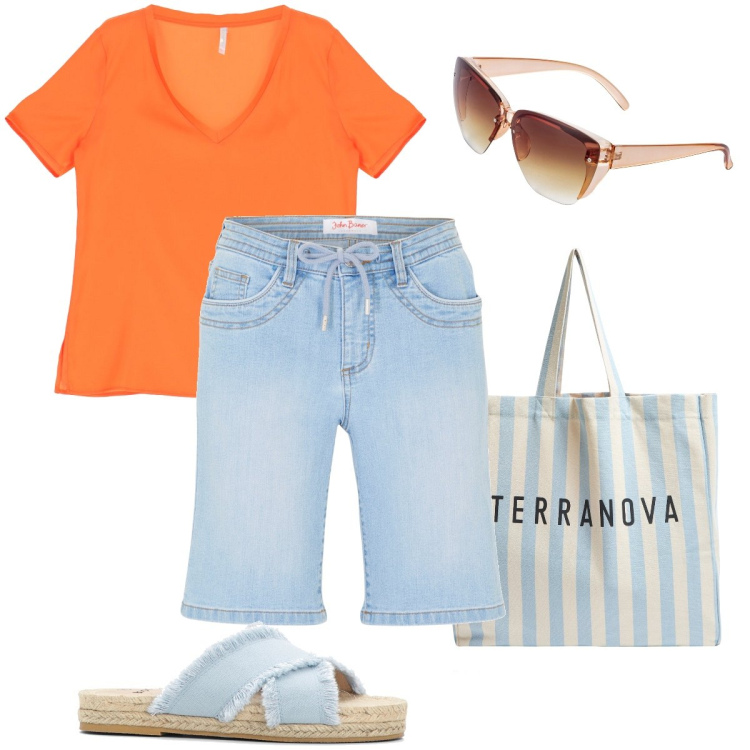 Outfit donna - Le ciabatte in corda. Stile Basic per Mare. Abbinamento con bermuda, occhiali da sole, ciabatte, borse tote, t-shirt.