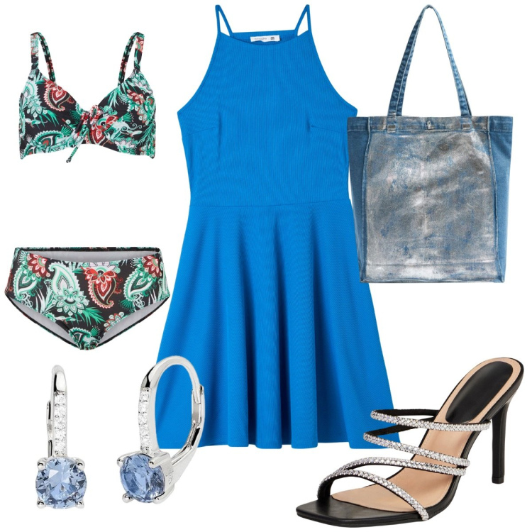 Outfit donna - Total look #1923706. Stile Trendy per Mare. Abbinamento con bikini, vestiti corti, sandali col tacco, shopping bag, orecchini.