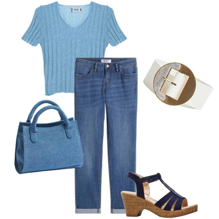 Outfit donna - Graziosa con i jeans. Stile Casual chic per Ufficio. Abbinamento con jeans dritti, sandali, cinture, borse a tracolla, pullovers.