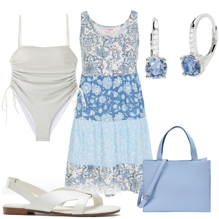 Outfit donna - Total look #1923717. Stile Boho per Mare. Abbinamento con sandali, vestiti corti, shopping bag, costumi interi, orecchini.