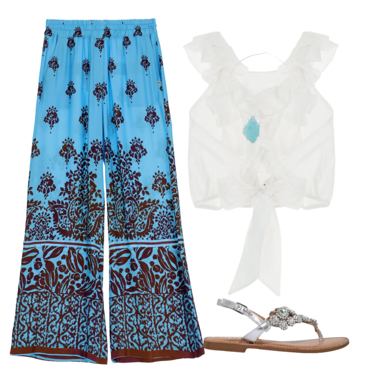 Outfit donna - Fantasie estive. Stile Etnico per Serata fuori. Abbinamento con pantaloni a palazzo, canottiere, ciondoli, sandali.
