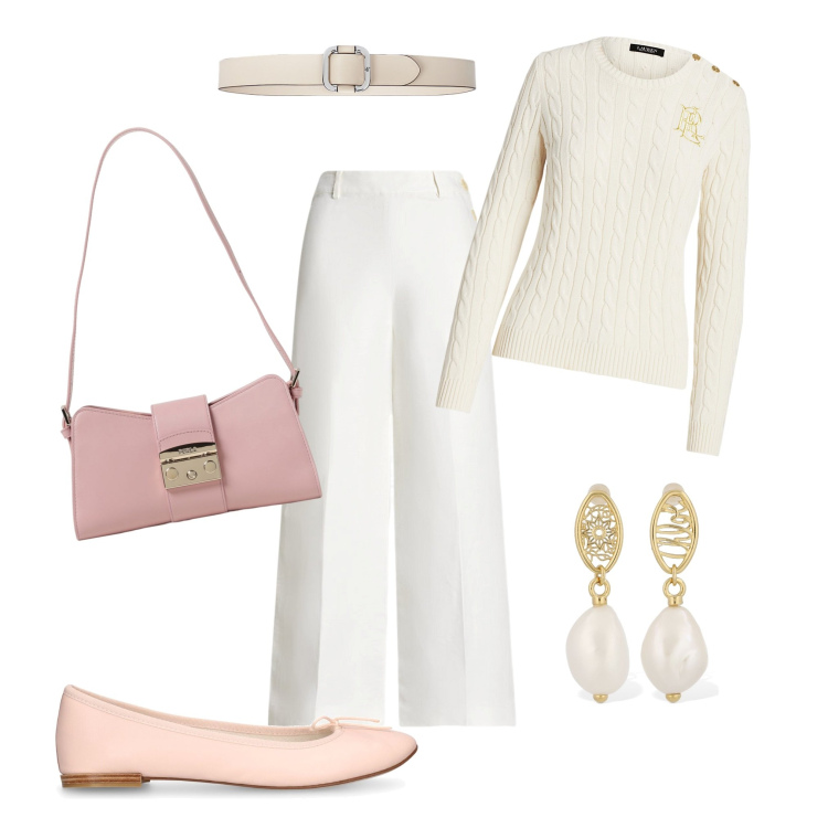 Outfit donna - Candy. Stile Bon Ton per Ufficio. Abbinamento con maglieria, pantaloni, cinture, orecchini, ballerine, borse a spalla.