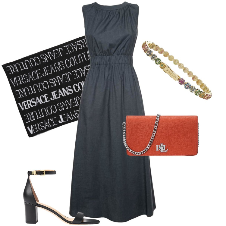 Outfit donna - Il foulard di Versace. Stile Bon Ton per Serata fuori. Abbinamento con braccialetti, sandali in pelle, borse a mano, vestiti senza maniche, sciarpe.