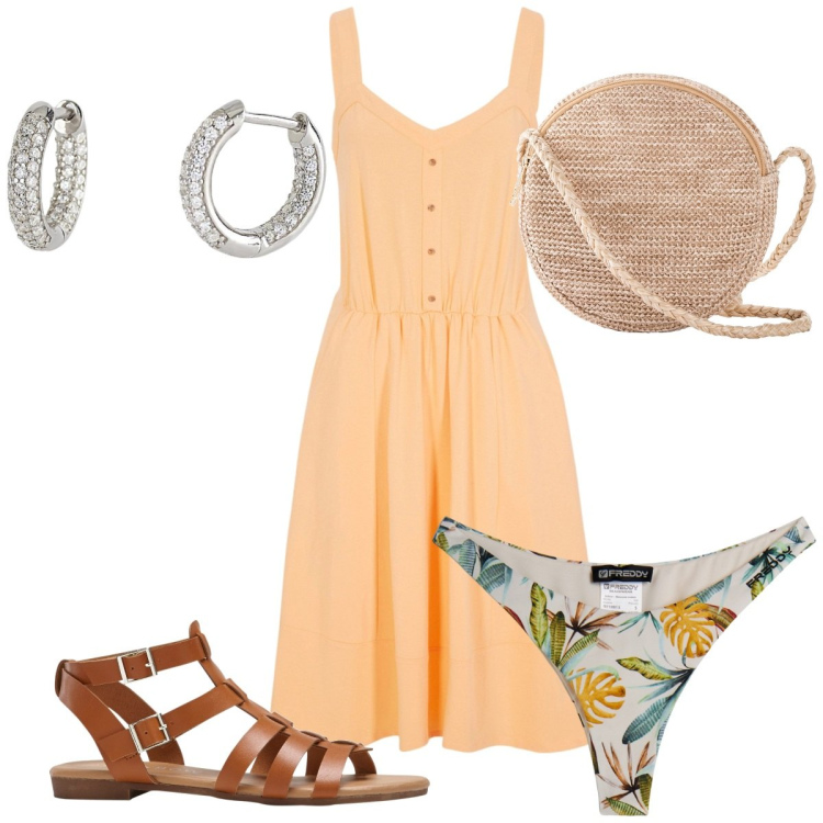 Outfit donna - Total look #1923728. Stile Trendy per Mare. Abbinamento con borse a tracolla, vestiti midi/longuette, sandali, orecchini, bikini.