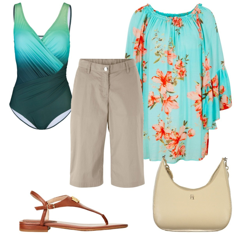 Outfit donna - Total look #1923730. Stile Trendy per Mare. Abbinamento con bermuda, vestiti da spiaggia, costumi interi, sandali in pelle, borse a tracolla.