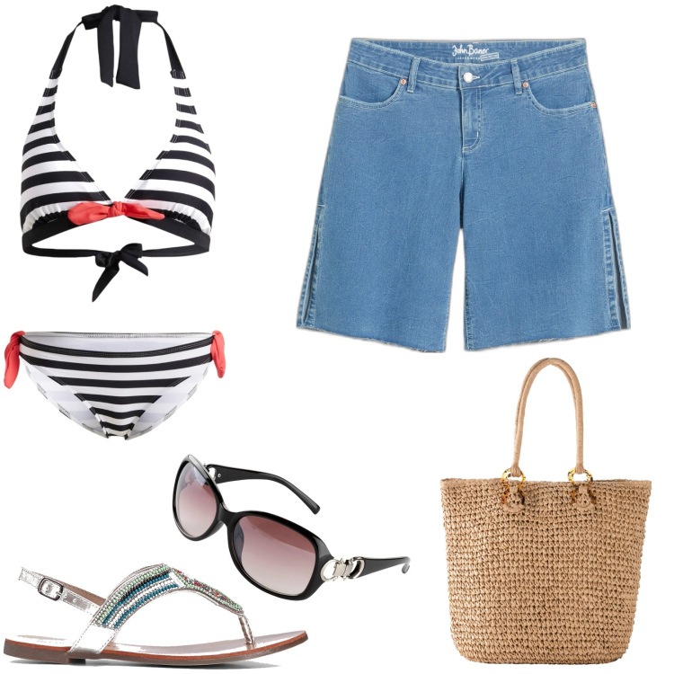 Outfit donna - Zebra e color. Stile Basic per Mare. Abbinamento con bikini, ciabatte, bermuda, occhiali da sole, shopping bag.