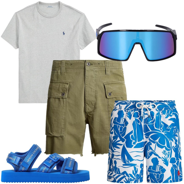 Outfit uomo - Gli occhiali che proteggono dal sole. Stile Trendy per Mare. Abbinamento con t-shirt, costumi, shorts, occhiali da sole, sandali.