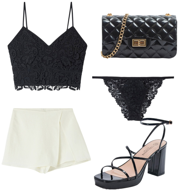 Outfit donna - Terranova sales. Stile Sexy per Serata fuori. Abbinamento con minigonne, top, borse a tracolla, culotte, sandali in pelle.