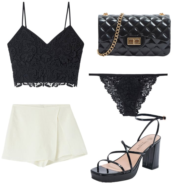 Outfit donna - Terranova sales. Stile Sexy per Serata fuori. Abbinamento con minigonne, culotte, sandali in pelle, top, borse a tracolla.