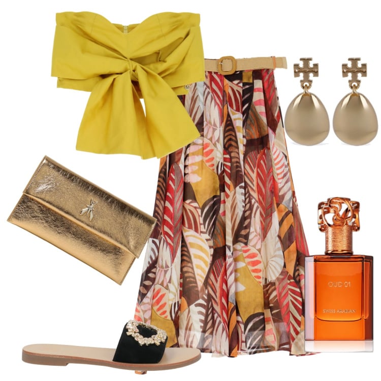 Outfit donna - Swiss arabian. Stile Etnico per Serata fuori. Abbinamento con sandali in pelle, profumi, gonne lunghe, top, orecchini, clutch.