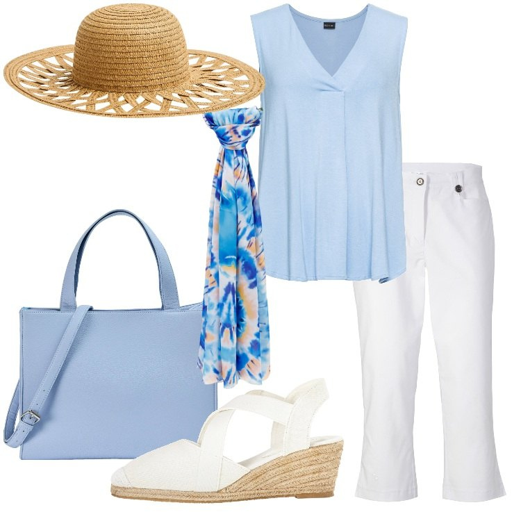 Outfit donna - Estate a Saint Tropez. Stile Vintage retrò per Tutti i giorni. Abbinamento con pantaloni capri, top, sandali, shopping bag, cappelli, sciarpe.