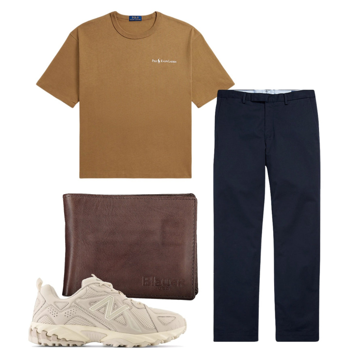 Outfit uomo - Total look. Stile Casual per Tutti i giorni. Abbinamento con sneakers, pantaloni chino, t-shirt, portafogli.