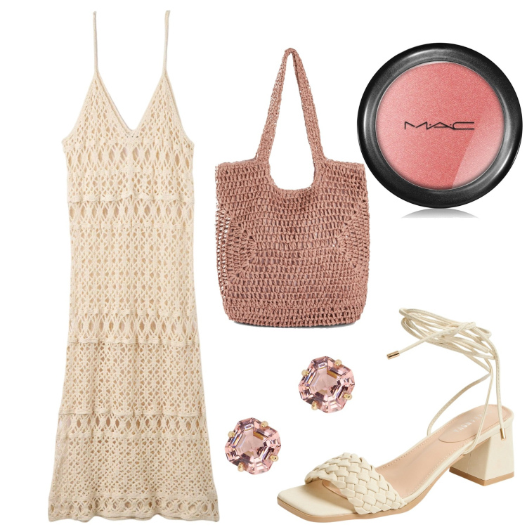 Outfit donna - Crochet. Stile Romantica per Tutti i giorni. Abbinamento con shopping bag, blush, vestiti lunghi, sandali alla schiava, orecchini.