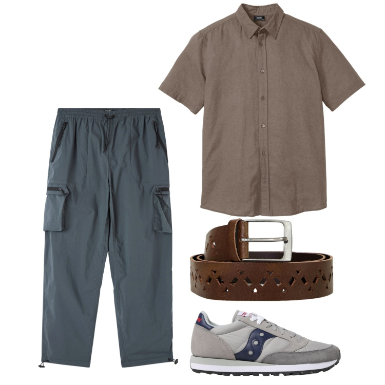 Outfit uomo - Avion e cacao. Stile Urban per Tutti i giorni. Abbinamento con camicie a manica corta, pantaloni cargo, cinture, sneakers.