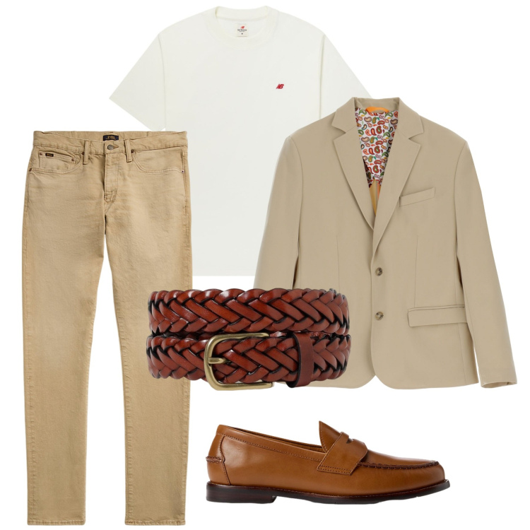 Outfit uomo - Beige. Stile Trendy per Tutti i giorni. Abbinamento con t-shirt, giacche, jeans, scarpe stringate, cinture.