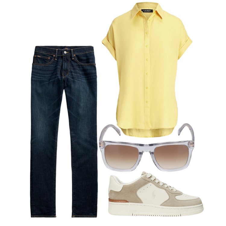 Outfit uomo - In giro. Stile Casual per Tutti i giorni. Abbinamento con sneakers, jeans skinny, camicie a manica corta, occhiali da sole.