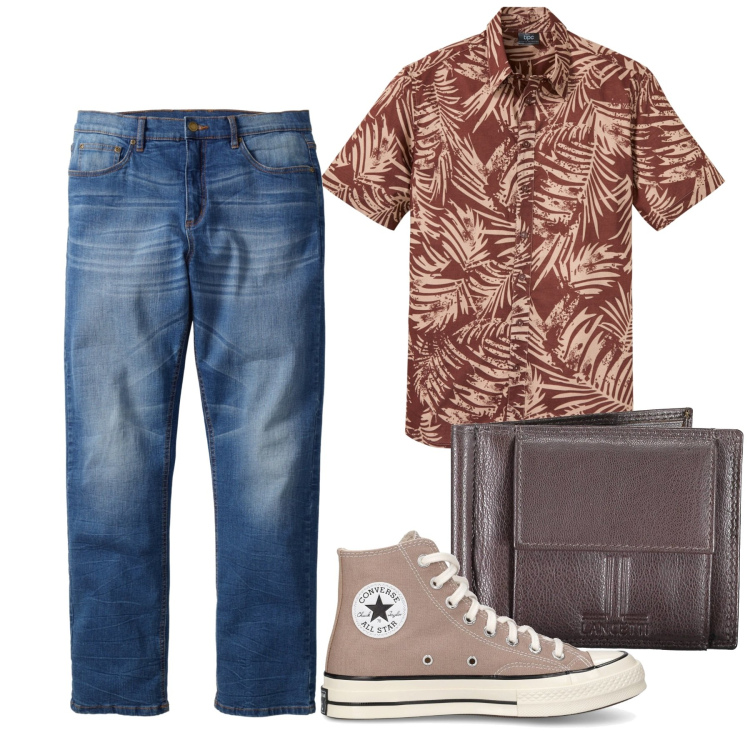 Outfit uomo - Monstera. Stile Urban per Tutti i giorni. Abbinamento con camicie a manica corta, jeans dritti, sneakers, portafogli.