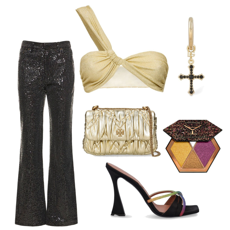 Outfit donna - Sparkling Disco Night!!!. Stile Glamour per Serata fuori. Abbinamento con ombretti, borse a spalla, pantaloni, orecchini, bikini, sandali in pelle.