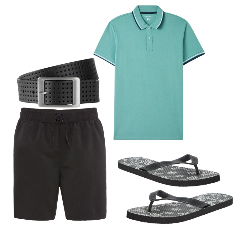 Outfit uomo - Sciolto. Stile Urban per Tutti i giorni. Abbinamento con cinture, pantaloni corti, sandali, polo.