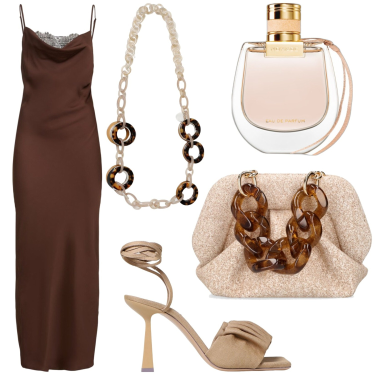 Outfit donna - Tramonto sul mare. Stile Sexy per Serata fuori. Abbinamento con profumi, vestiti midi/longuette, pochette, sandali col tacco, collane.