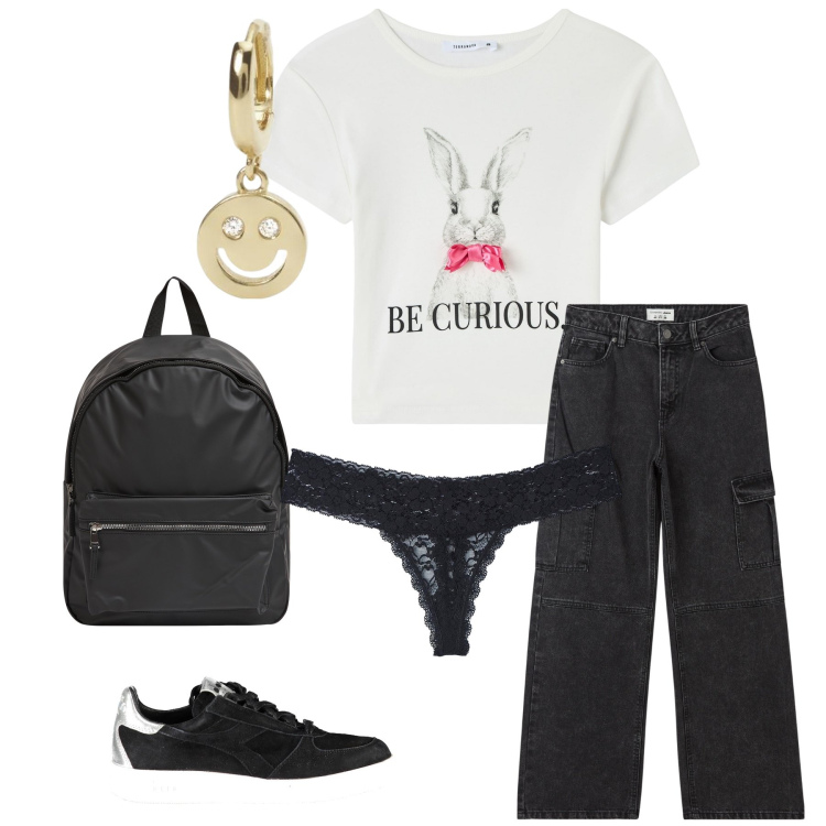 Outfit donna - Coniglietto e Smile che combo. Stile Casual chic per Tutti i giorni. Abbinamento con jeans dritti, culotte, t-shirt, zaini, orecchini, sneakers.