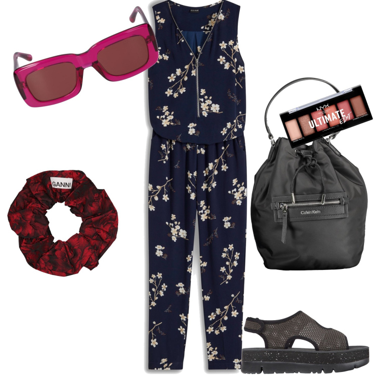 Outfit donna - Total look. Stile Basic per Tutti i giorni. Abbinamento con tute, ombretti, borse a secchiello, occhiali da sole, accessori per capelli, sandali.