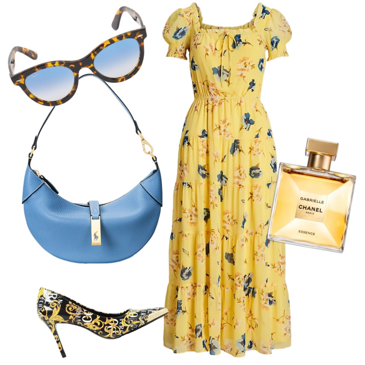 Outfit donna - Gabrielle. Stile Chic per Tutti i giorni. Abbinamento con profumi, vestiti, borse a spalla, scarpe col tacco, occhiali da sole.