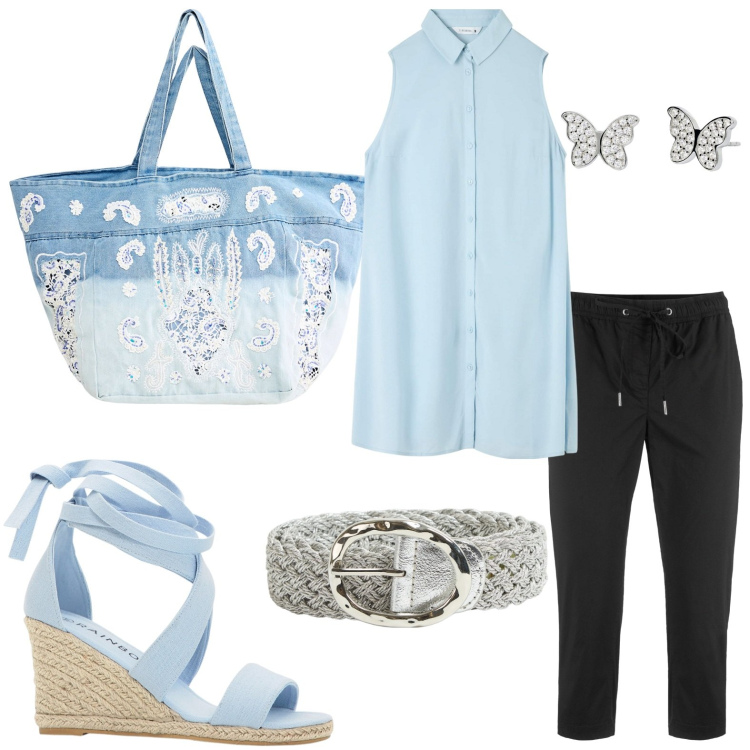 Outfit donna - Pantaloni capri per l\'estate. Stile Casual per Tutti i giorni. look ideale per Petite. Abbinamento con pantaloni capri, sandali, camicie, cinture, shopping bag, orecchini.