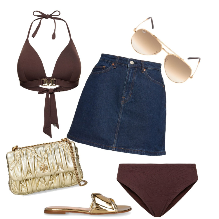 Outfit donna - Total look #1923828. Stile Casual per Mare. Abbinamento con sandali in pelle, borse a spalla, bikini, bikini, minigonne, occhiali da sole.