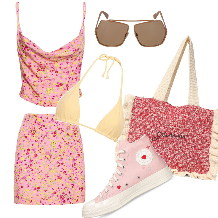 Outfit donna - Total look #1923829. Stile Casual per Mare. Abbinamento con sneakers, bikini, occhiali da sole, minigonne, top, shopping bag.