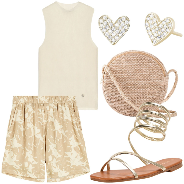 Outfit donna - Comfort estivo. Stile Basic per Tutti i giorni. Abbinamento con borse a tracolla, sandali, orecchini, pantaloni, top.