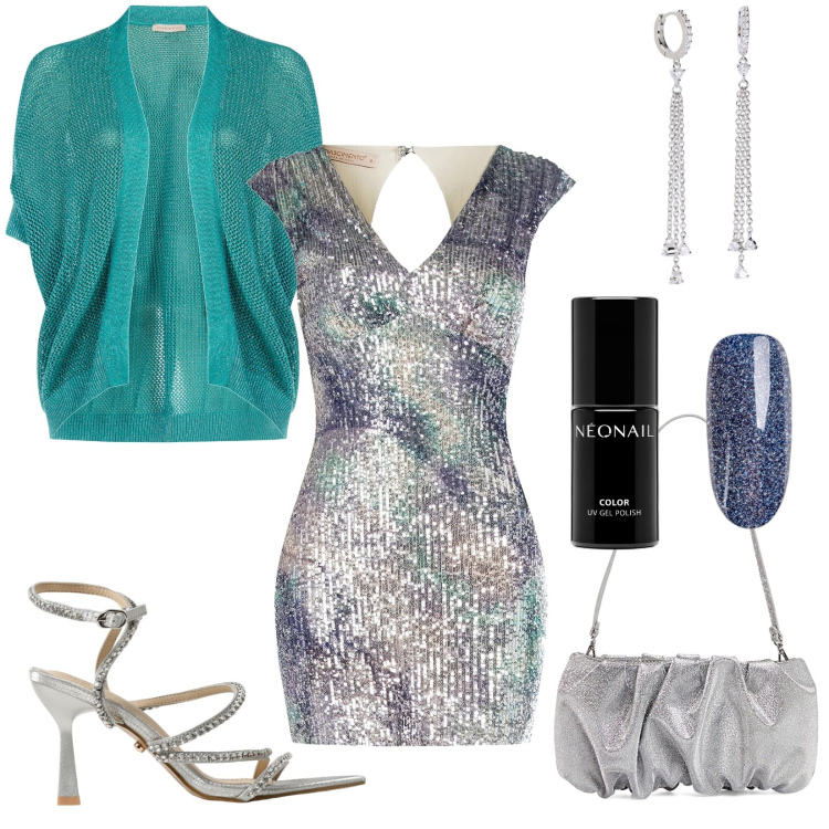 Outfit donna - Sulla pista da ballo brillo io!. Stile Glamour per Serata fuori. Abbinamento con smalti, orecchini, vestiti a tubino, cardigans, borse a spalla, sandali col tacco.