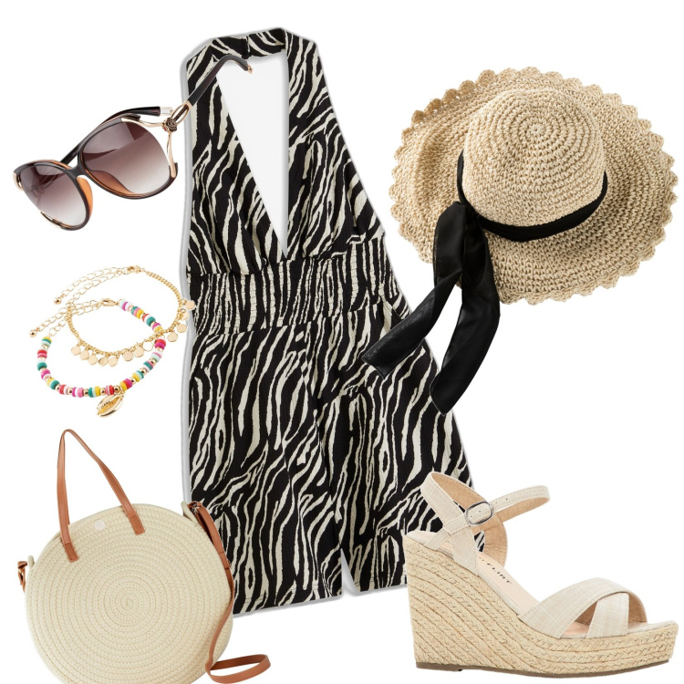 Outfit donna - Total look #1923840. Stile Casual chic per Mare. Abbinamento con sandali, cappelli, occhiali da sole, tute, braccialetti con ciondoli, borse a tracolla.