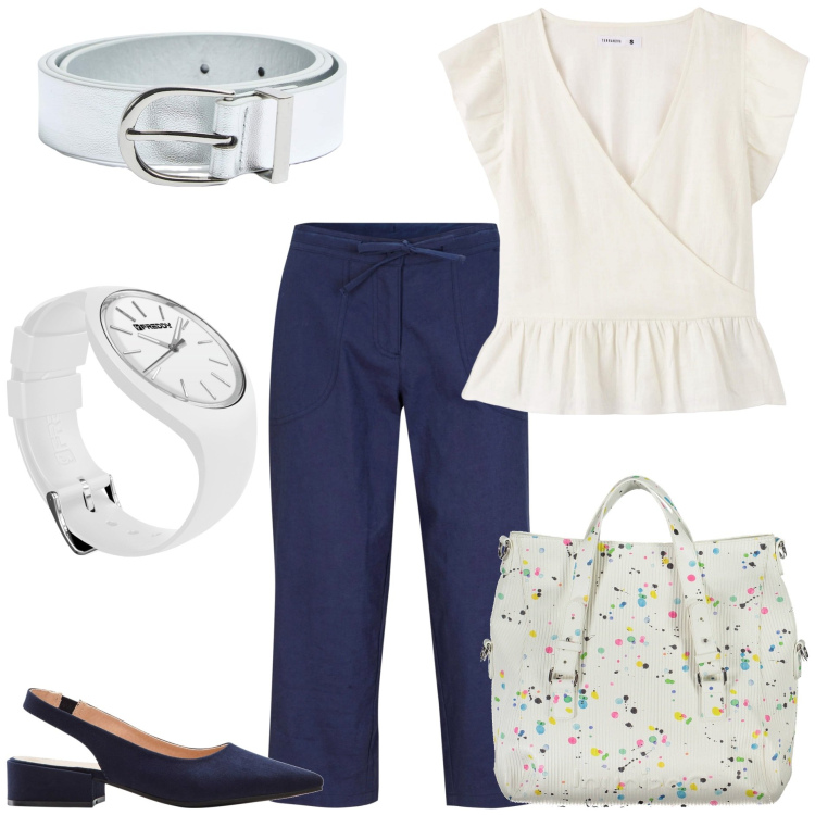 Outfit donna - I panta capri al lavoro. Stile Trendy per Tutti i giorni. Abbinamento con décolleté, pantaloni capri, bluse, cinture, orologi, borse a spalla.