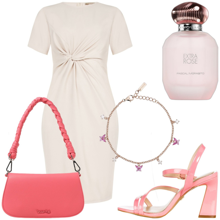 Outfit donna - Total look #1923844. Stile Chic per Serata fuori. Abbinamento con profumi, braccialetti, vestiti midi/longuette, sandali in pelle, borse a spalla.