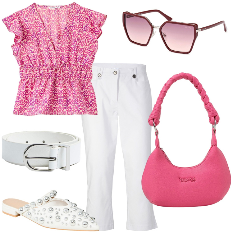 Outfit donna - La cintura bianca. Stile Trendy per Tutti i giorni. Abbinamento con pantaloni capri, ballerine, bluse, cinture, occhiali da sole, borse a spalla.