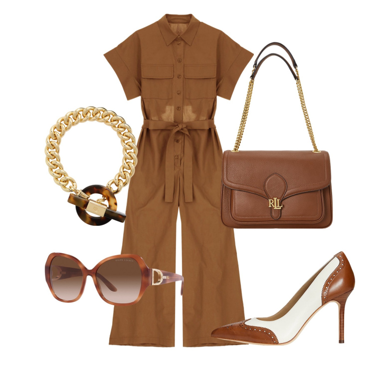 Outfit donna - Total look #1923850. Stile Glamour per Tutti i giorni. Abbinamento con tute, occhiali da sole, borse a spalla, braccialetti, décolleté.