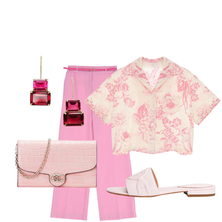 Outfit donna - Total look #1923852. Stile Glamour per Tutti i giorni. Abbinamento con camicie a manica corta, pantaloni, borse a tracolla, sandali in pelle, orecchini.