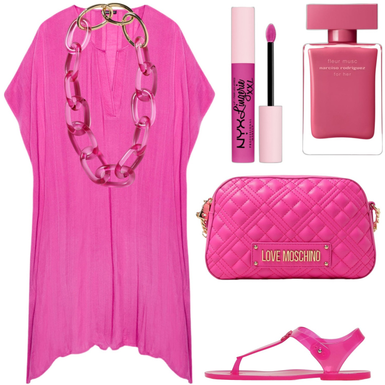 Outfit donna - Pizza in spiaggia. Stile Casual per Tutti i giorni. Abbinamento con rossetti, profumi, caftani, sandali, borse a tracolla, collane.