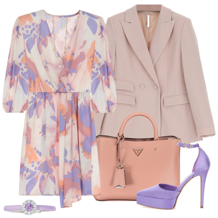 Outfit donna - Summer look #13. Stile Glamour per Cerimonia. Abbinamento con anelli, collane, vestiti corti, blazer, collane, décolleté.