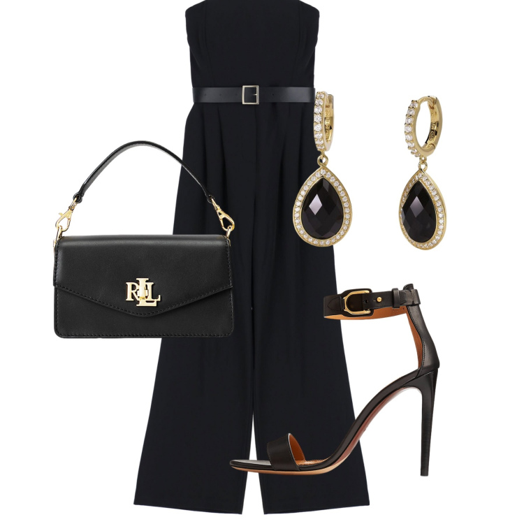Outfit donna - Total look #1923858. Stile Chic per Cerimonia. Abbinamento con orecchini, tute, borse a tracolla, sandali in pelle.