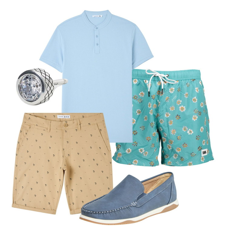 Outfit uomo - Mare dentro. Stile Casual per Mare. Abbinamento con t-shirt, scarpe stringate, shorts, orecchini, costumi.