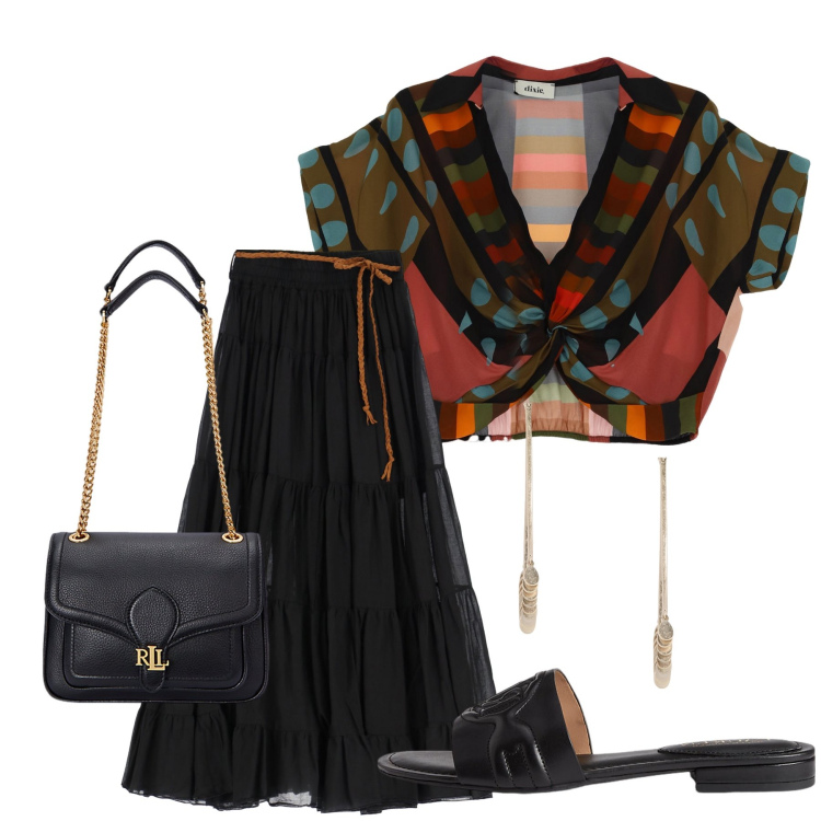 Outfit donna - Total look #1923861. Stile Etnico per Serata fuori. Abbinamento con gonne lunghe, top, orecchini, sandali in pelle, borse a spalla.