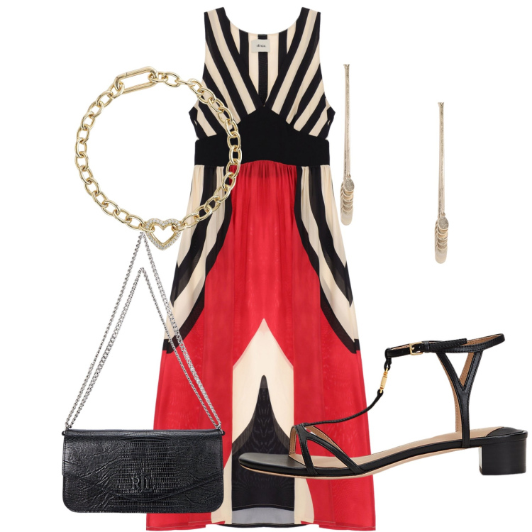 Outfit donna - Total look #1923864. Stile Glamour per Serata fuori. Abbinamento con braccialetti, vestiti lunghi, sandali in pelle, orecchini, borse a spalla.