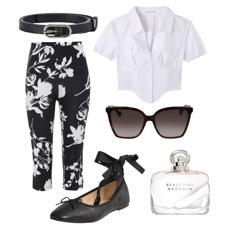 Outfit donna - Anni ‘50 a Capri. Stile Vintage retrò per Tutti i giorni. Abbinamento con pantaloni, profumi, camicie a manica corta, cinture, ballerine, occhiali da sole.