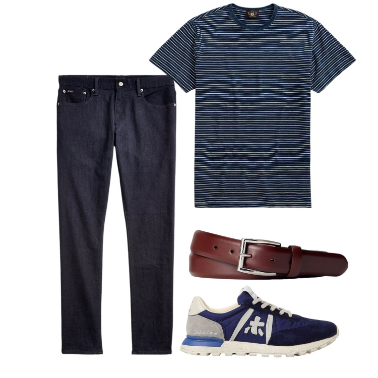 Outfit uomo - Mattina. Stile Casual per Tutti i giorni. Abbinamento con t-shirt, jeans, cinture, sneakers.