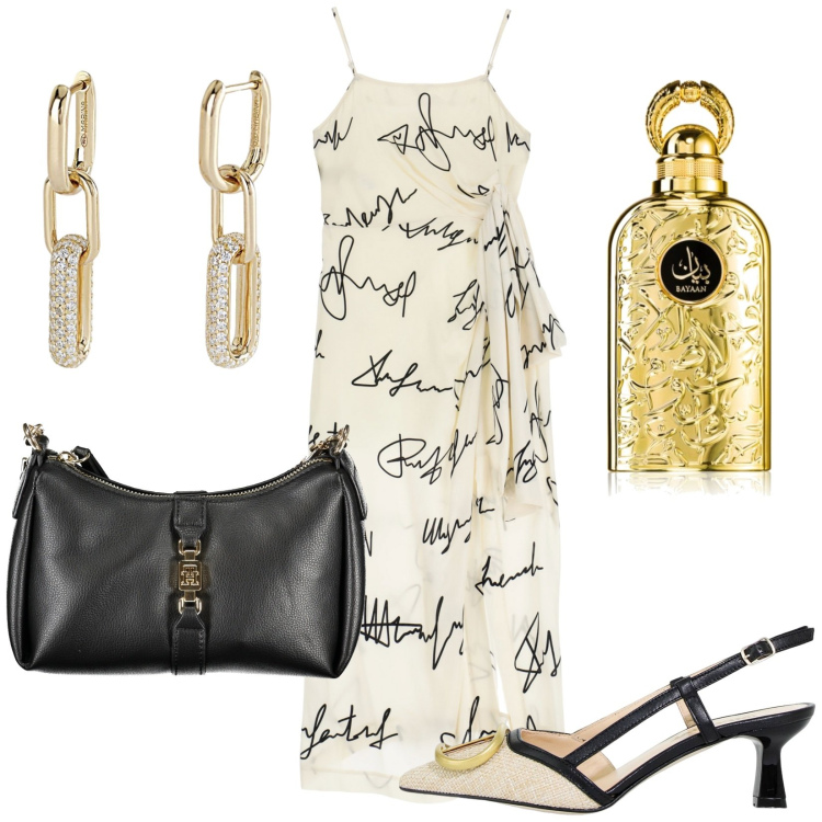 Outfit donna - Total look #1923873. Stile Chic per Serata fuori. Abbinamento con profumi, orecchini, vestiti, sandali in pelle, borse a tracolla.