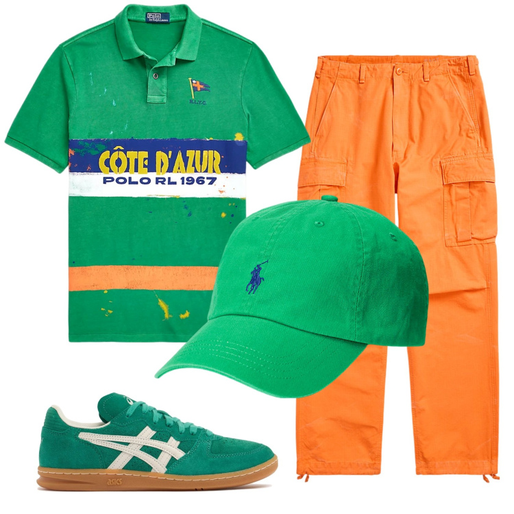 Outfit uomo - Total look #1923877. Stile Trendy per Tutti i giorni. Abbinamento con cappelli, pantaloni cargo, polo, sneakers.